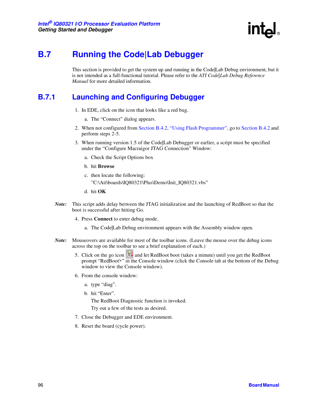 Intel IQ80321 manual Running the CodeLab Debugger, Launching and Configuring Debugger 