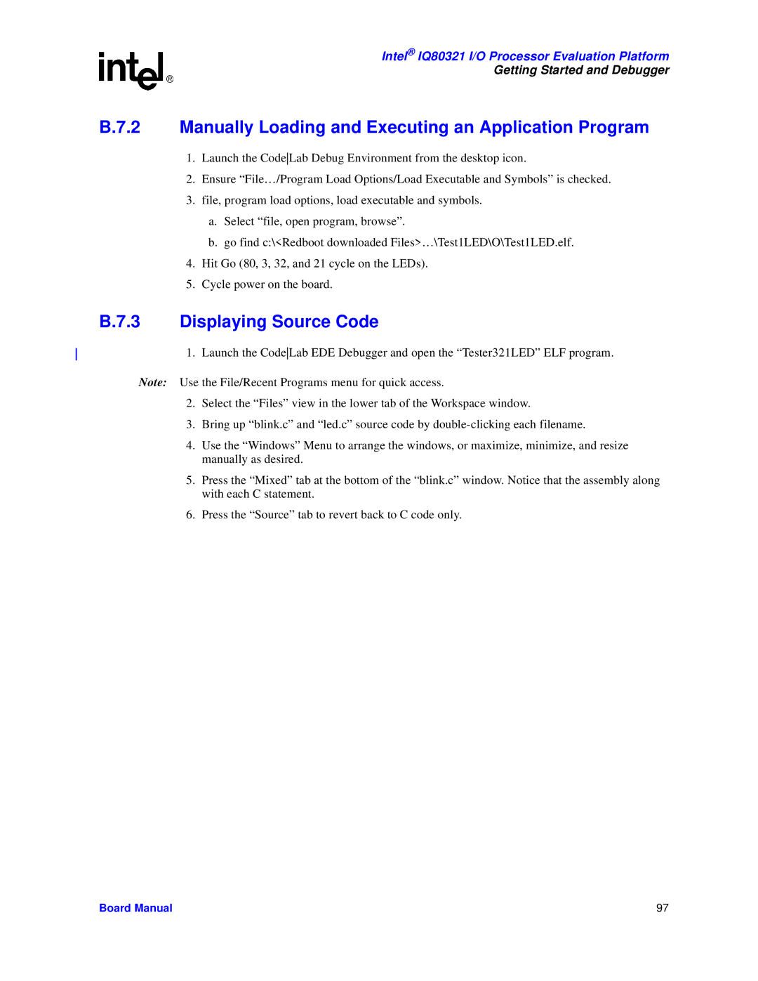 Intel IQ80321 manual Manually Loading and Executing an Application Program, Displaying Source Code 