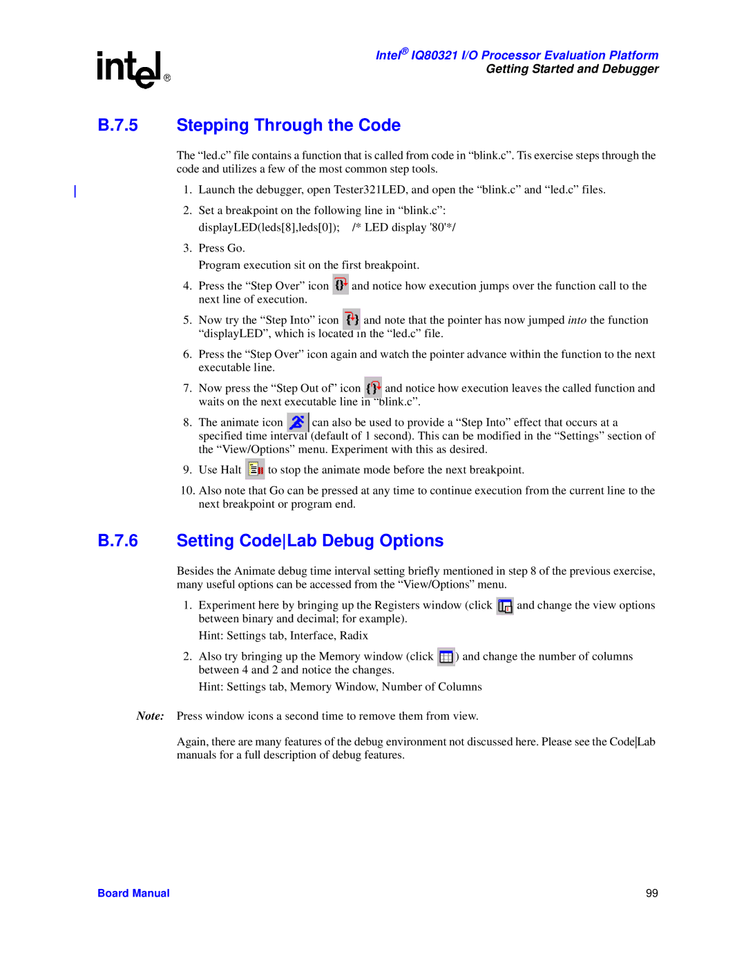 Intel IQ80321 manual Stepping Through the Code, Setting CodeLab Debug Options 