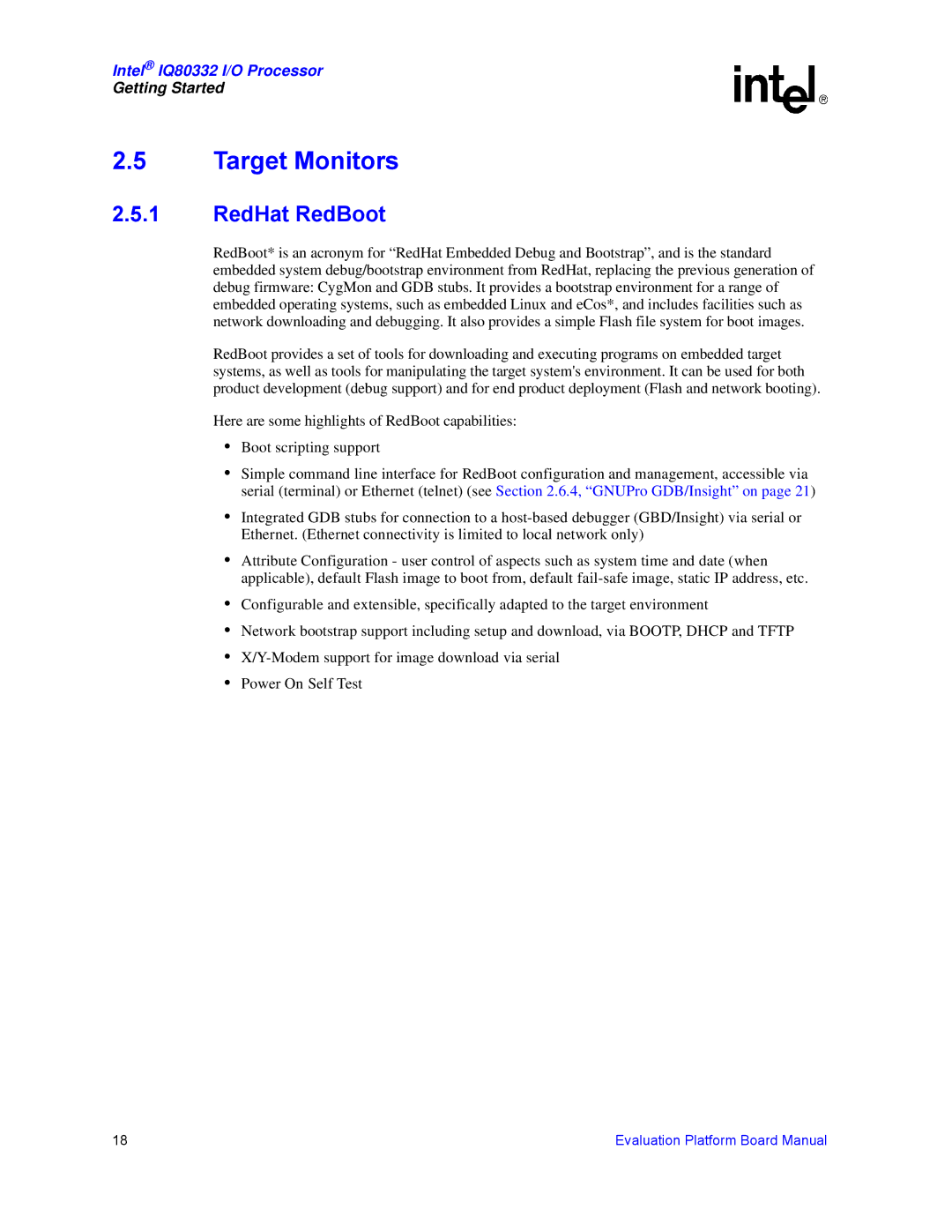 Intel IQ80332 manual Target Monitors, RedHat RedBoot 