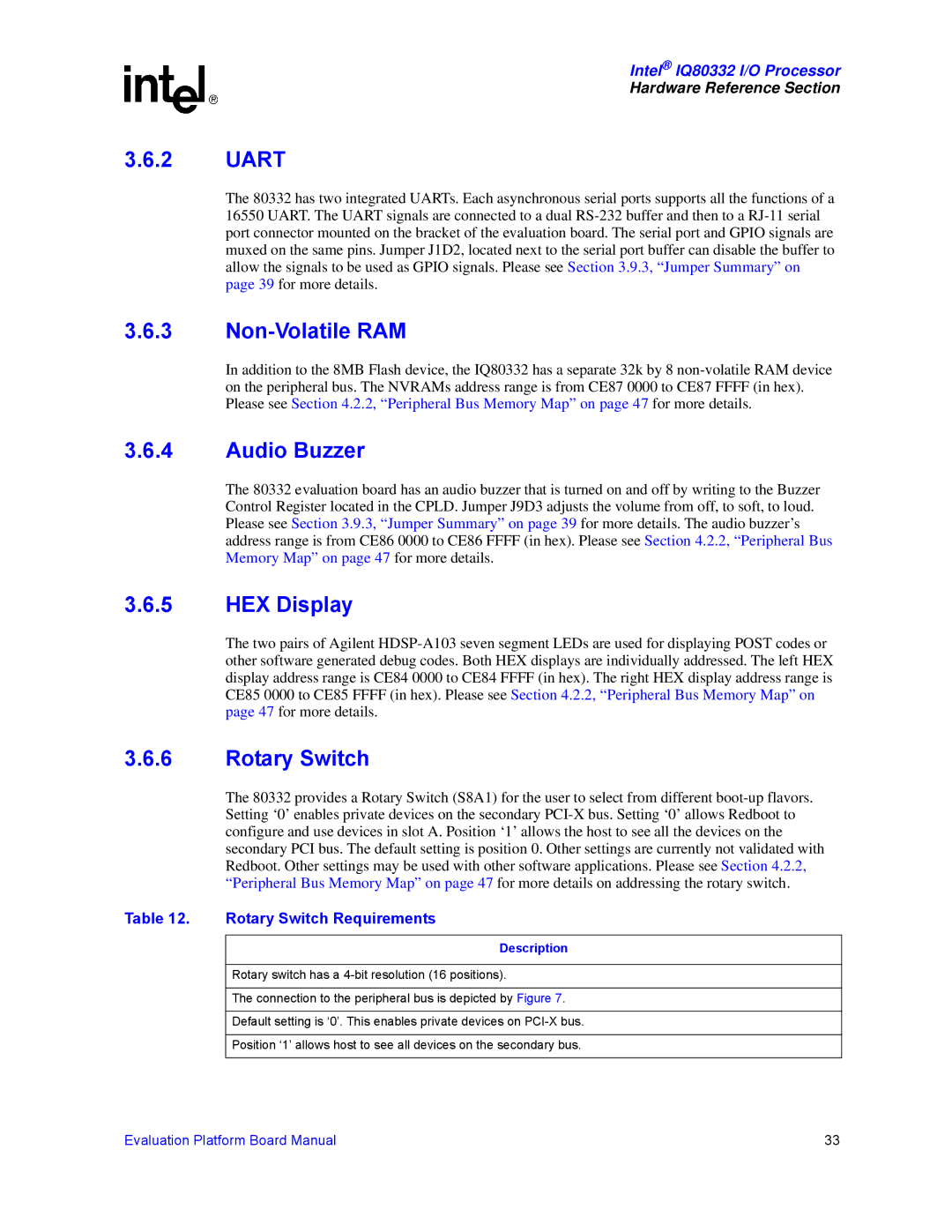 Intel IQ80332 manual Uart, Non-Volatile RAM, Audio Buzzer, HEX Display, Rotary Switch 