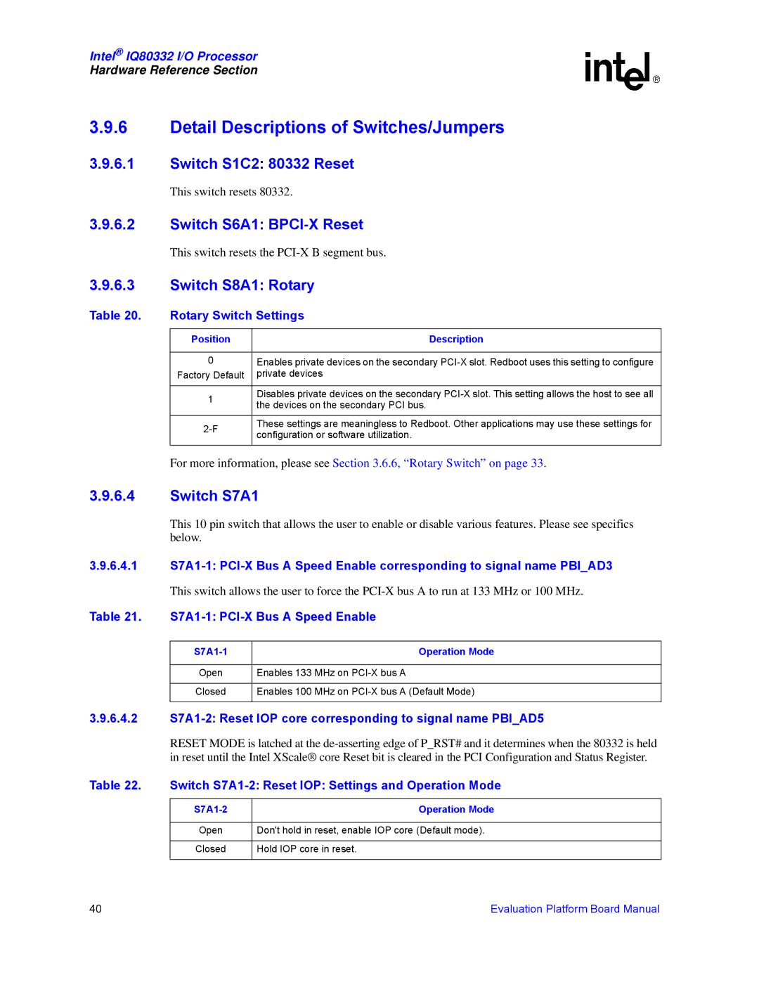 Intel IQ80332 Detail Descriptions of Switches/Jumpers, Switch S1C2 80332 Reset, Switch S6A1 BPCI-X Reset, Switch S7A1 