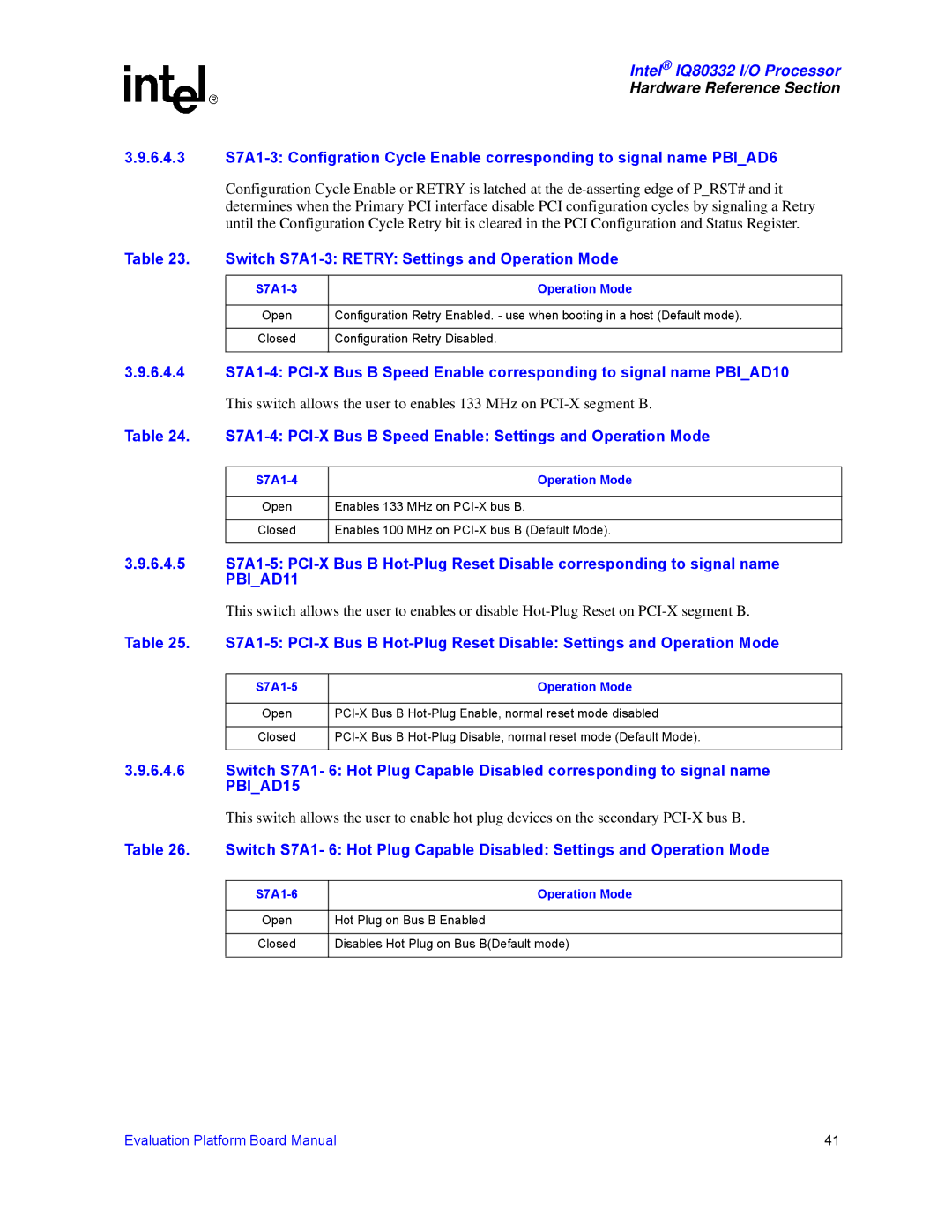Intel IQ80332 Switch S7A1-3 Retry Settings and Operation Mode, S7A1-4 PCI-X Bus B Speed Enable Settings and Operation Mode 