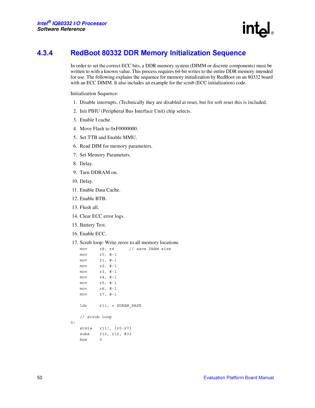 Intel IQ80332 manual RedBoot 80332 DDR Memory Initialization Sequence 