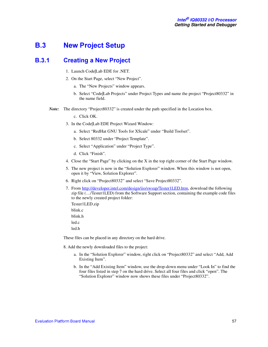 Intel IQ80332 manual New Project Setup, Creating a New Project 
