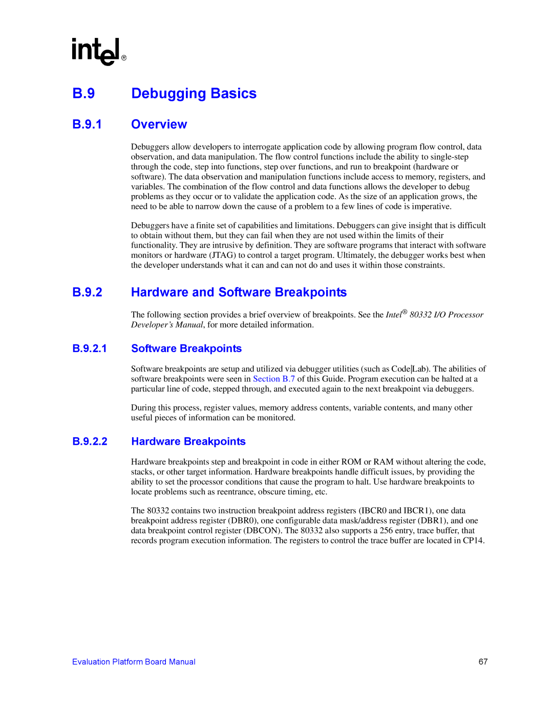 Intel IQ80332 manual Debugging Basics, Hardware and Software Breakpoints, Hardware Breakpoints 