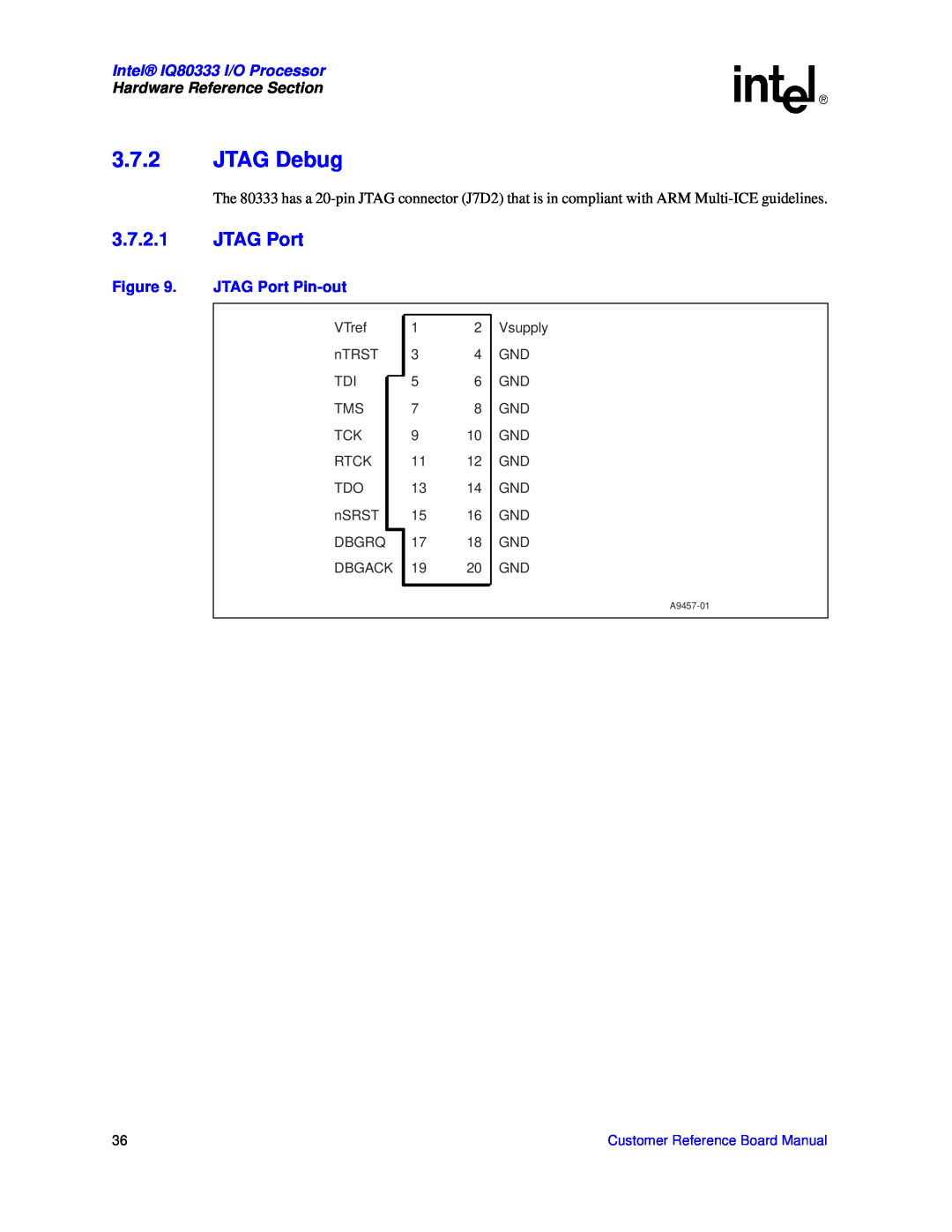Intel 3.7.2JTAG Debug, 3.7.2.1JTAG Port, JTAG Port Pin-out, Intel IQ80333 I/O Processor, Hardware Reference Section 