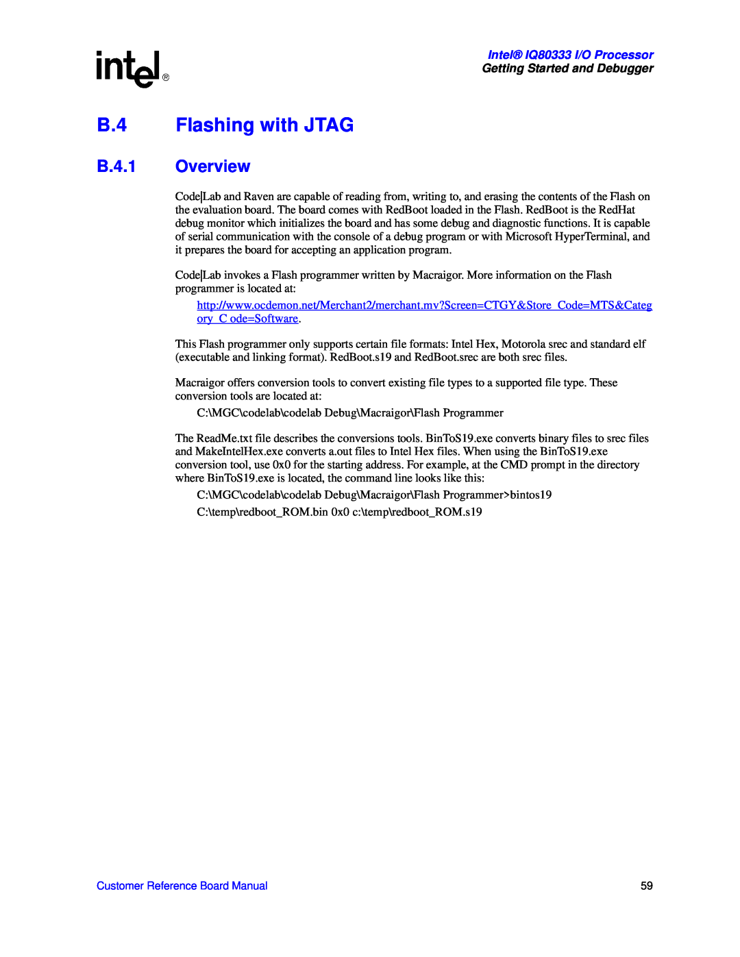 Intel manual B.4 Flashing with JTAG, B.4.1 Overview, Intel IQ80333 I/O Processor, Getting Started and Debugger 