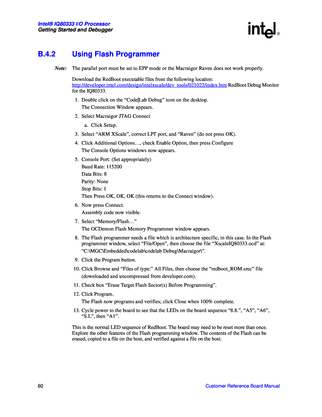 Intel manual B.4.2 Using Flash Programmer, Intel IQ80333 I/O Processor, Getting Started and Debugger 