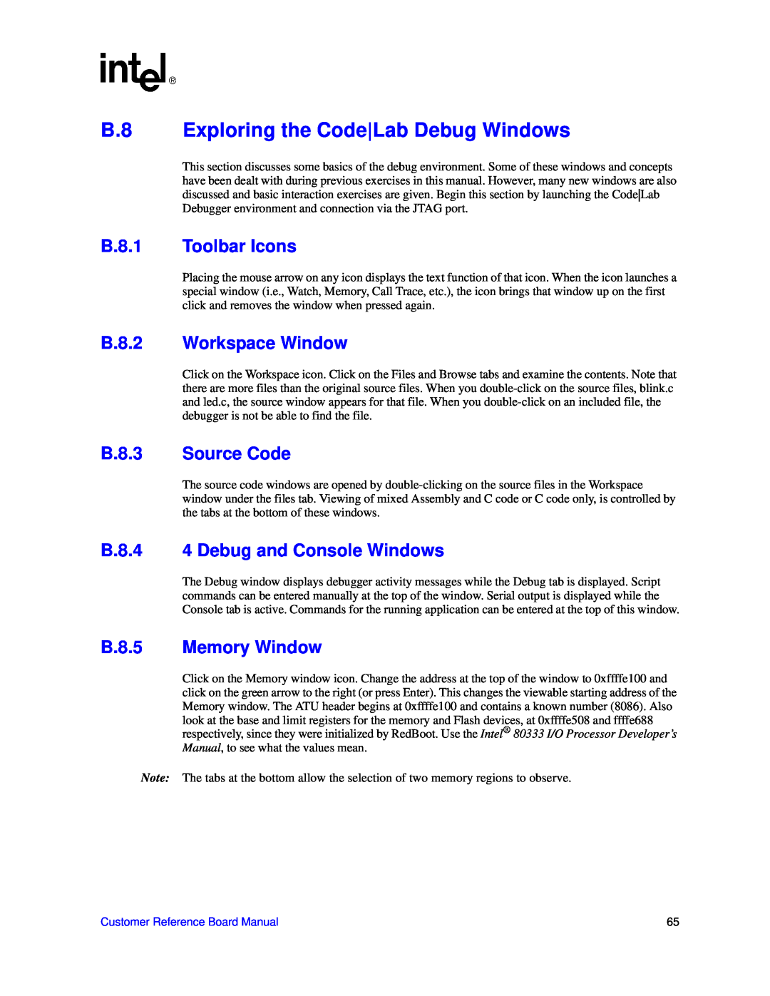 Intel IQ80333 B.8 Exploring the Code Lab Debug Windows, B.8.1 Toolbar Icons, B.8.2 Workspace Window, B.8.3 Source Code 