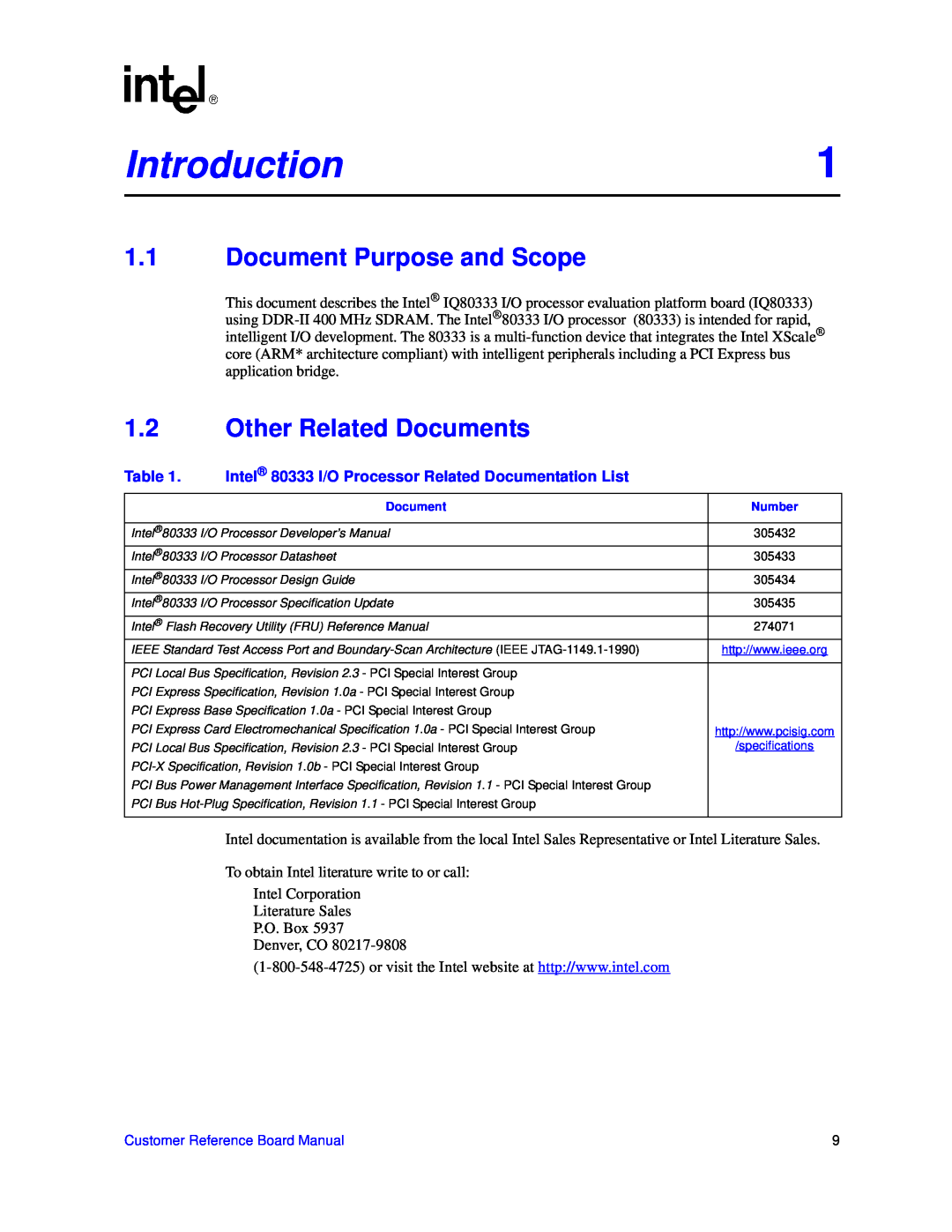 Intel IQ80333 manual Introduction, 1.1Document Purpose and Scope, 1.2Other Related Documents 