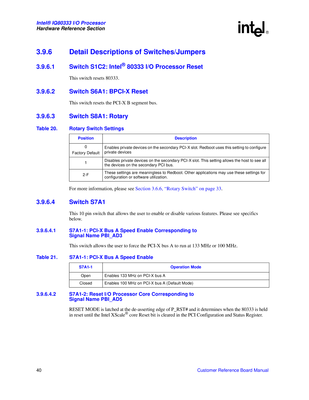 Intel IQ80333 Detail Descriptions of Switches/Jumpers, Switch S1C2 Intel 80333 I/O Processor Reset, Switch S8A1 Rotary 