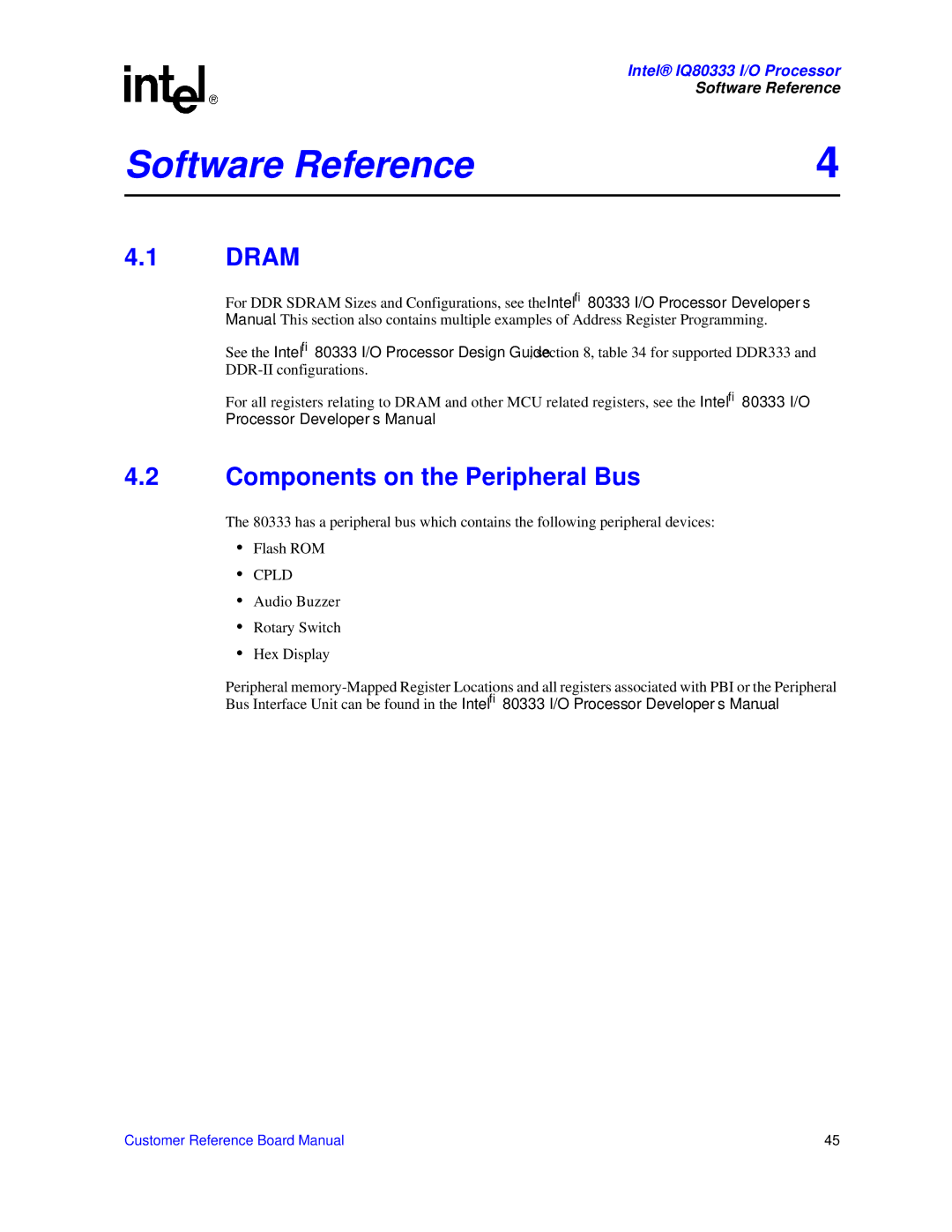 Intel IQ80333 manual Dram, Components on the Peripheral Bus 