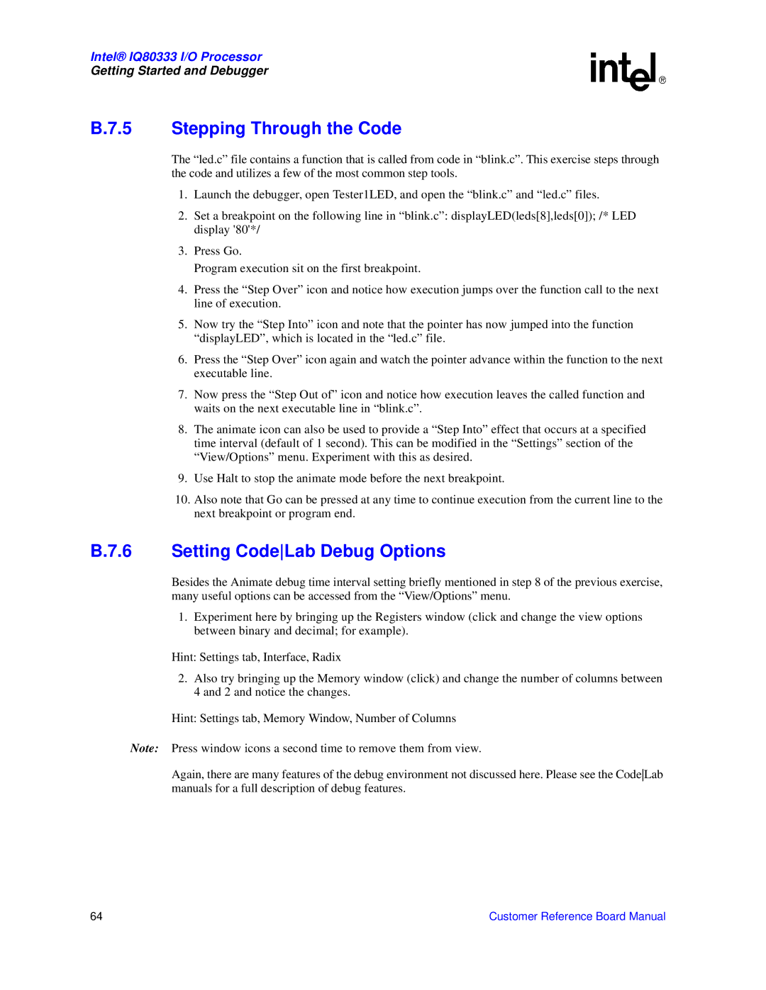 Intel IQ80333 manual Stepping Through the Code, Setting CodeLab Debug Options 