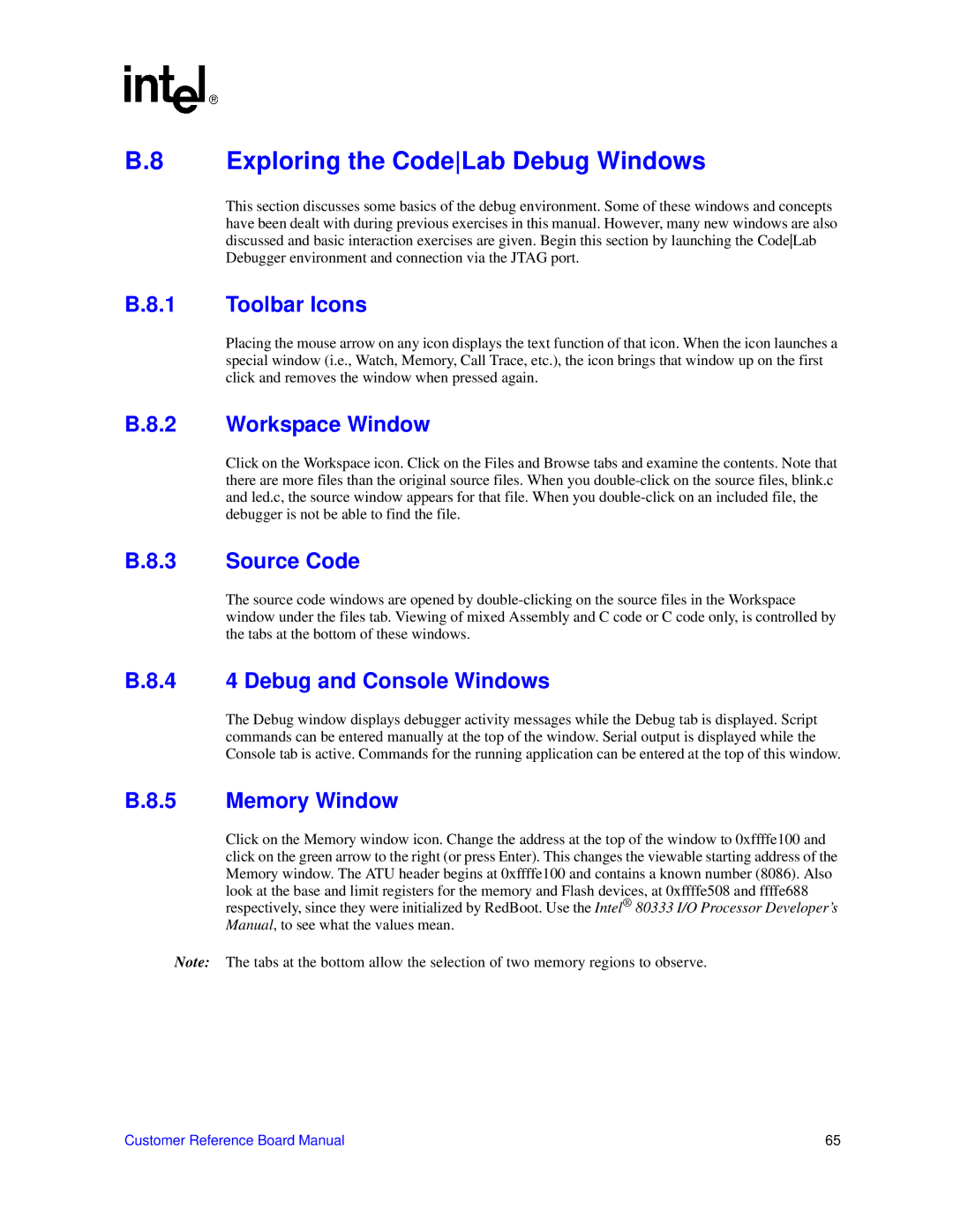 Intel IQ80333 manual Exploring the CodeLab Debug Windows 