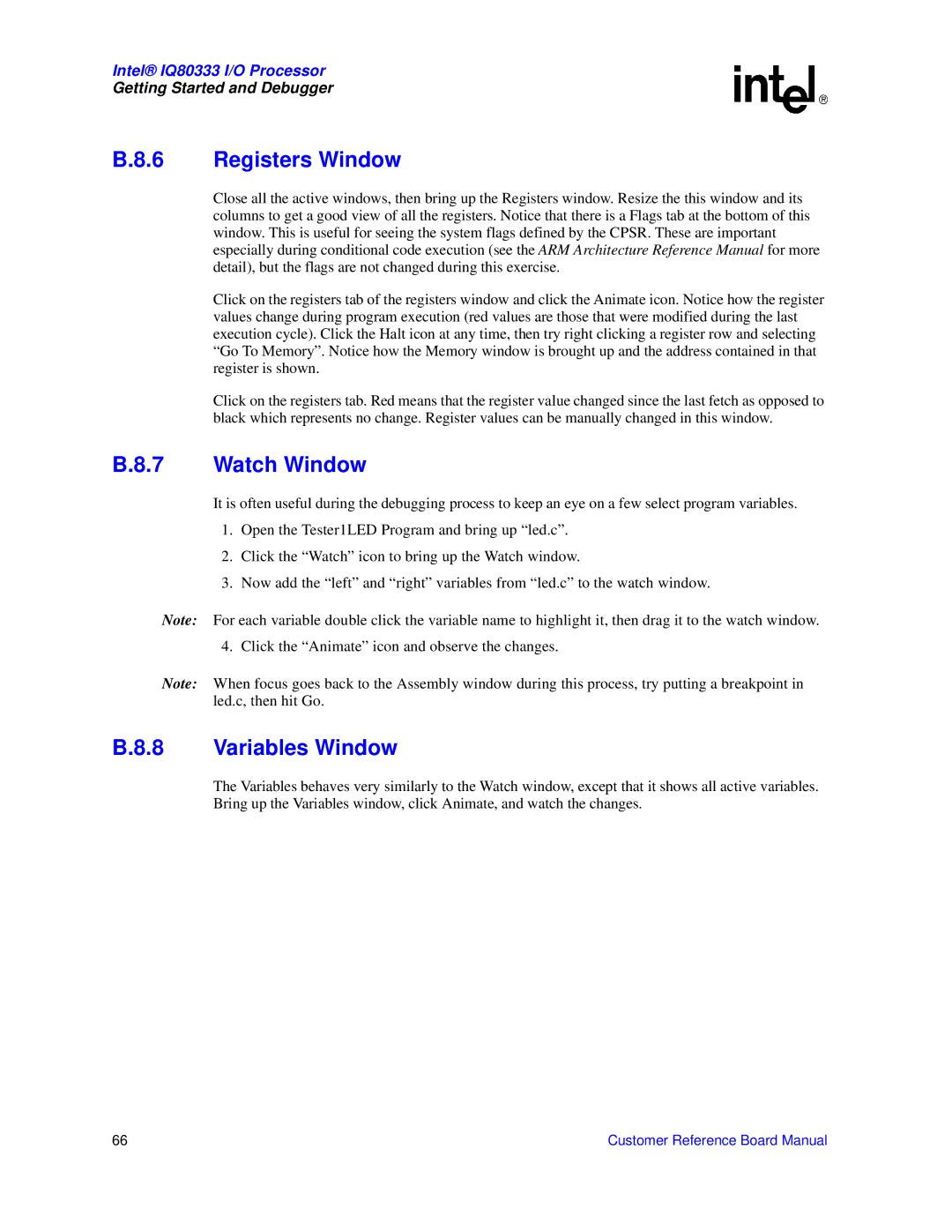 Intel IQ80333 manual Registers Window, Watch Window, Variables Window 