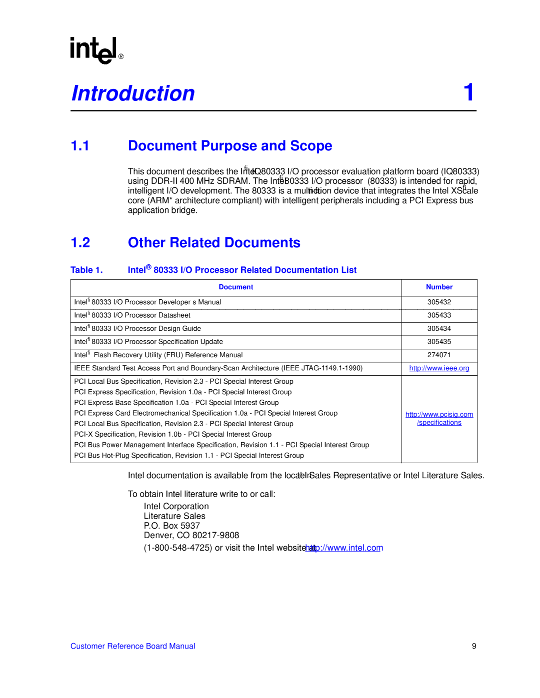 Intel IQ80333 manual Document Purpose and Scope, Other Related Documents 