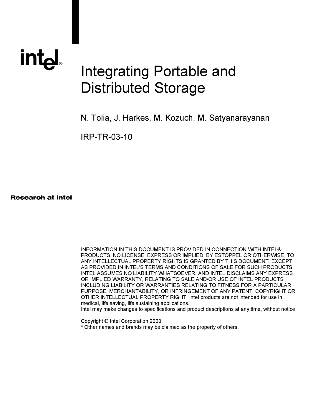 Intel IRP-TR-03-10 warranty Integrating Portable Distributed Storage 