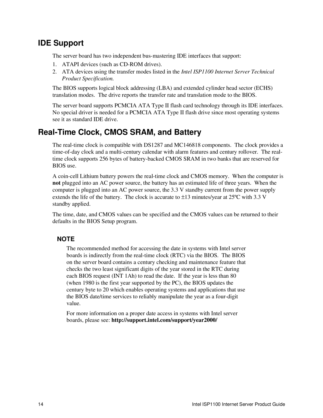 Intel ISP1100 manual IDE Support, Real-Time Clock, Cmos SRAM, and Battery 