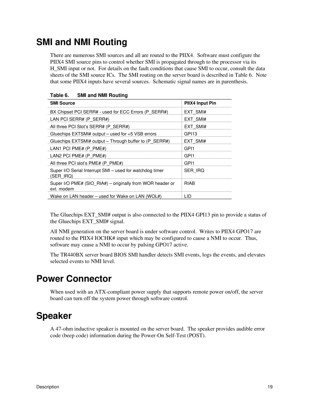 Intel ISP1100 manual SMI and NMI Routing, Power Connector, Speaker 