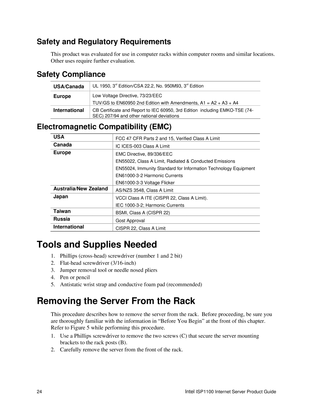 Intel ISP1100 manual Tools and Supplies Needed, Removing the Server From the Rack, Safety and Regulatory Requirements 