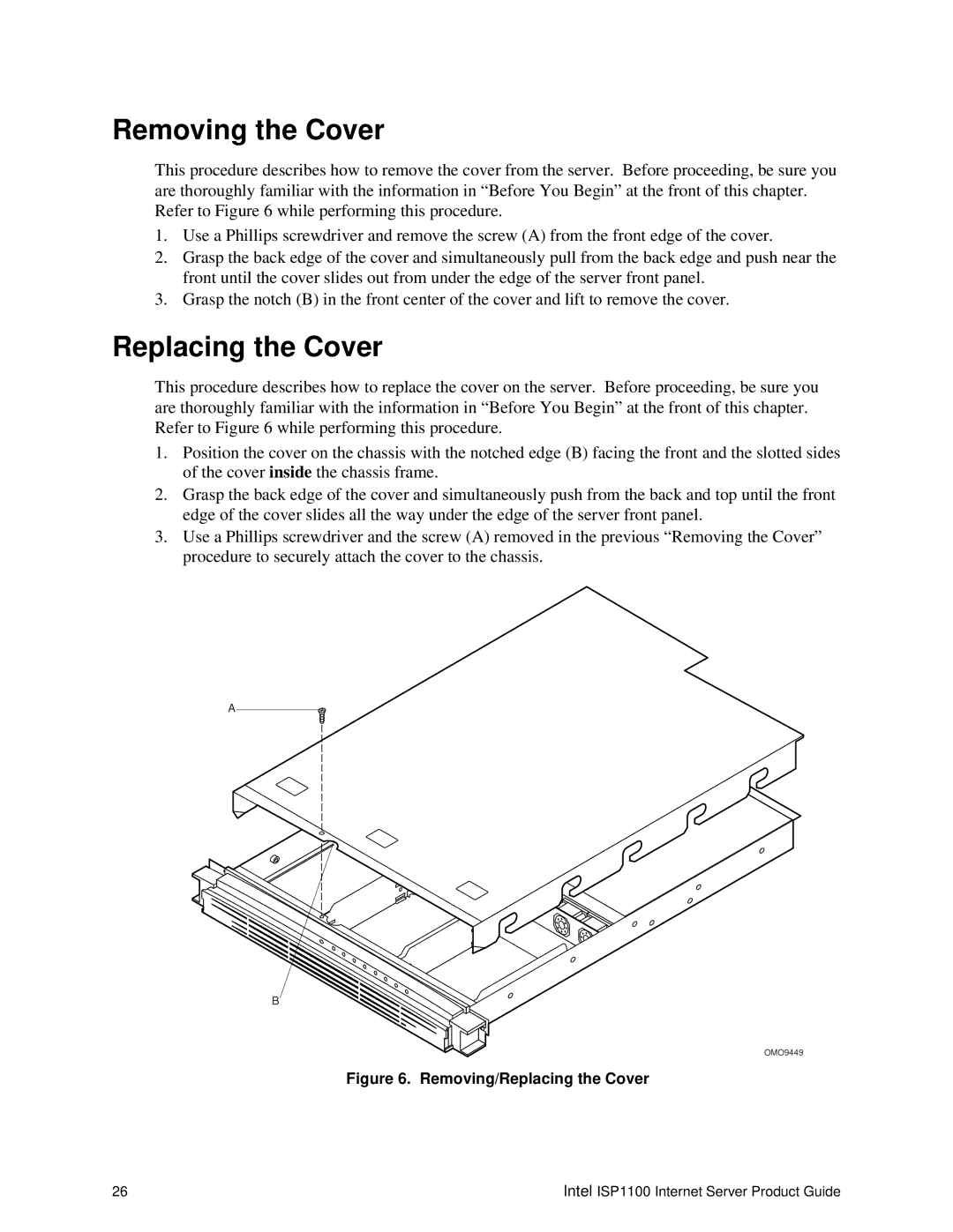 Intel ISP1100 manual Removing the Cover, Replacing the Cover 