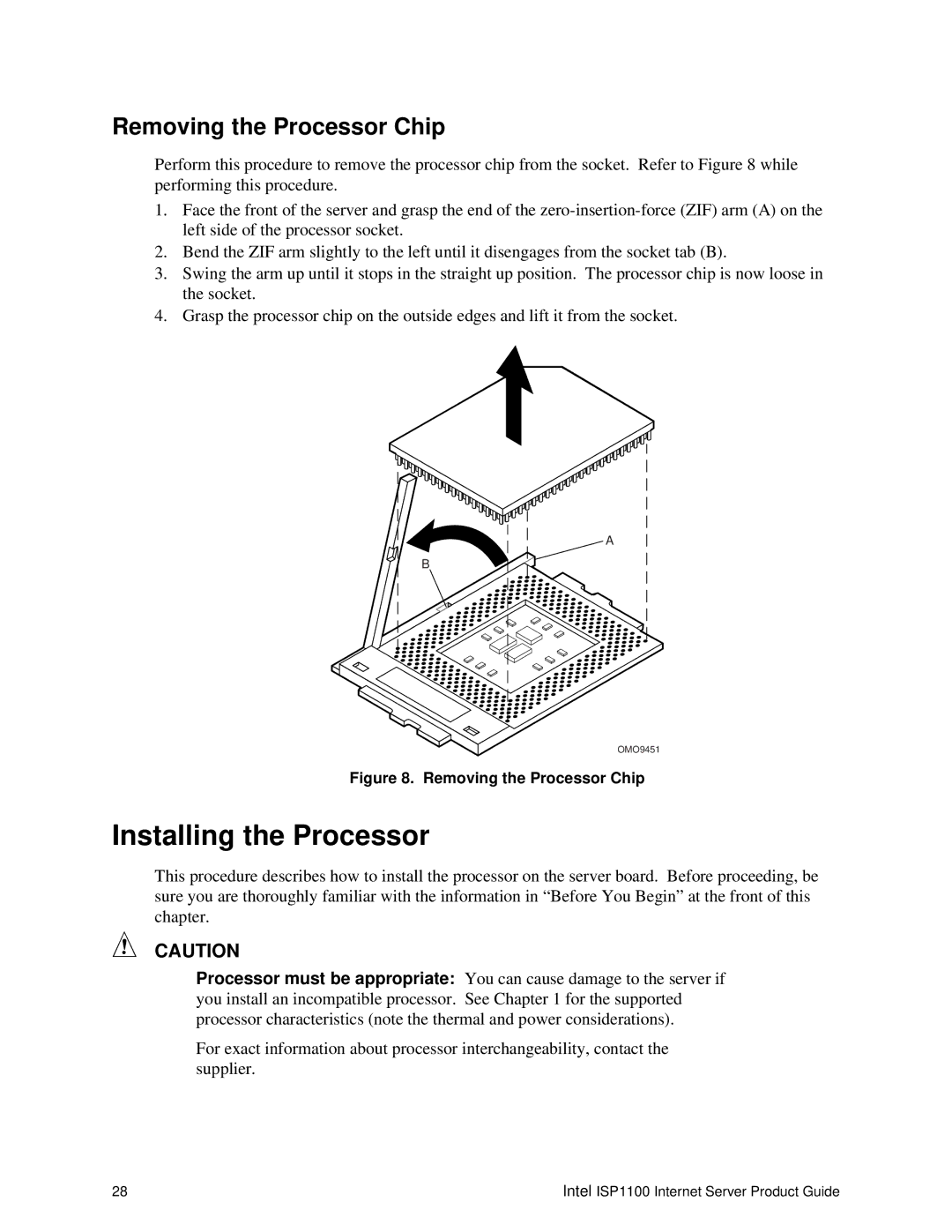 Intel ISP1100 manual Installing the Processor, Removing the Processor Chip 