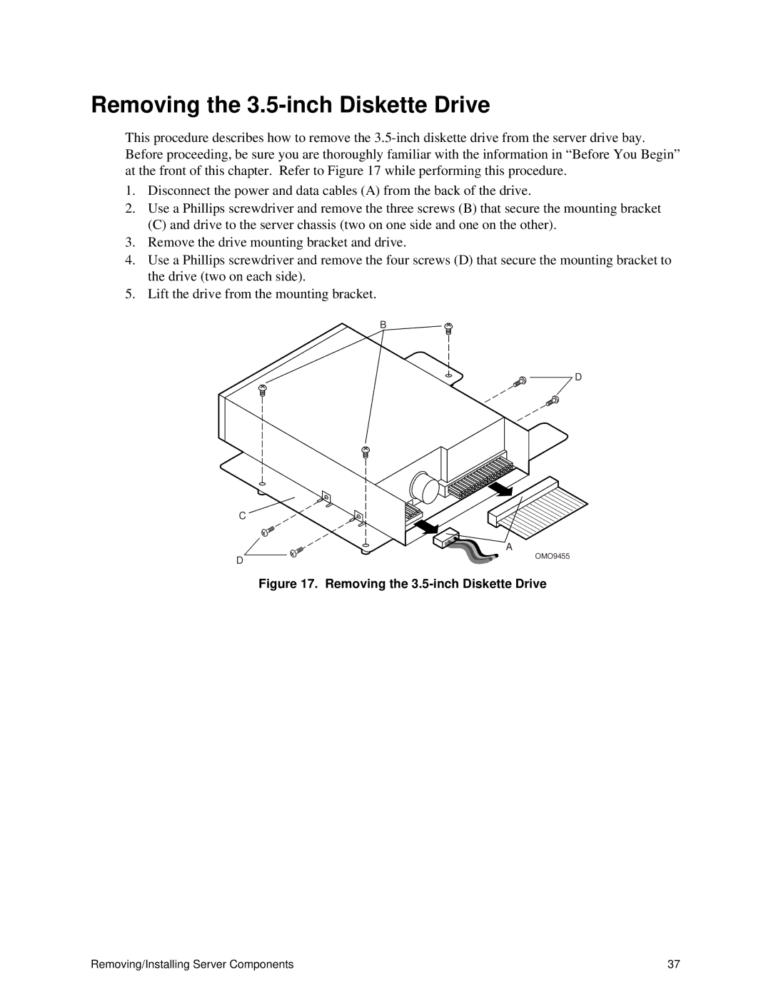 Intel ISP1100 manual Removing the 3.5-inch Diskette Drive 