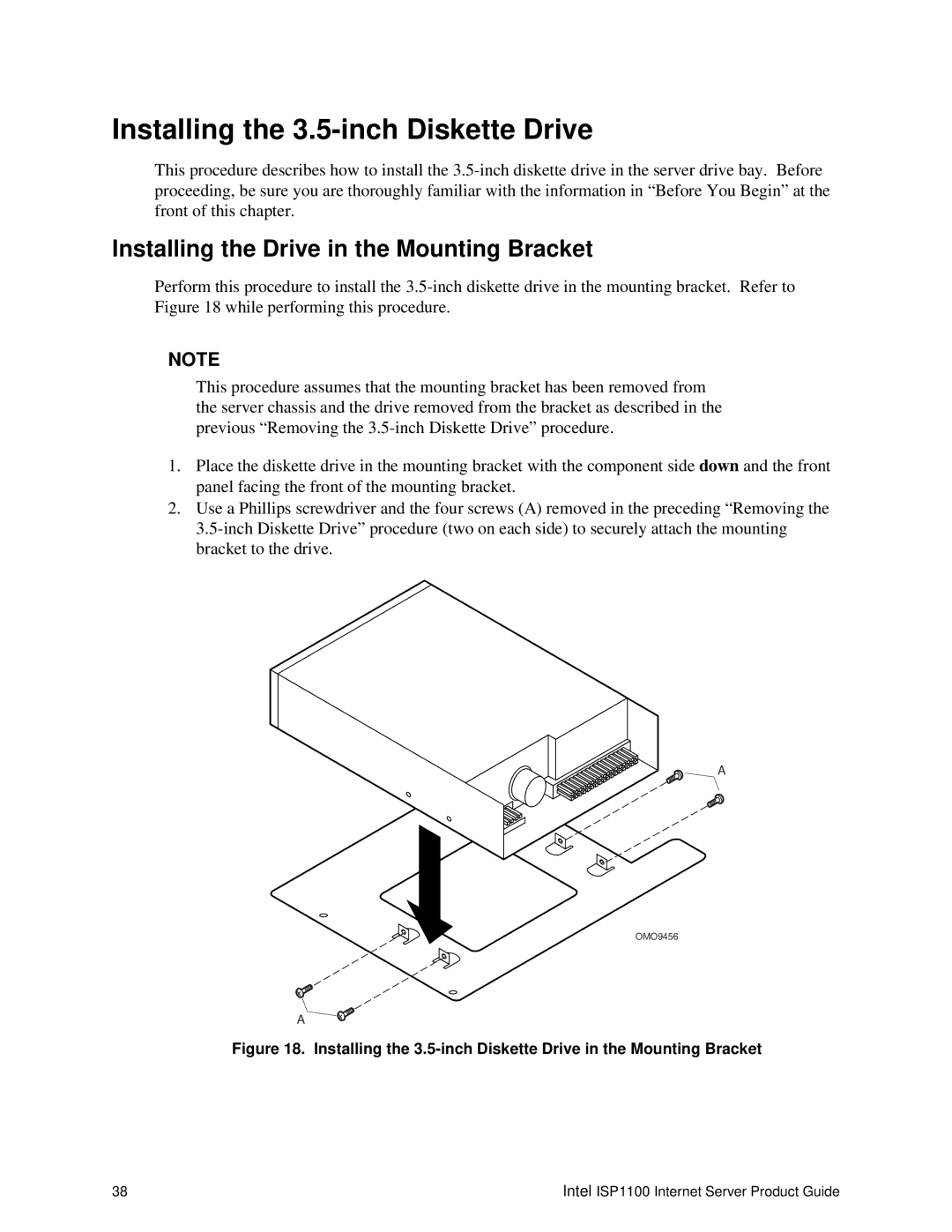 Intel ISP1100 manual Installing the 3.5-inch Diskette Drive, Installing the Drive in the Mounting Bracket 