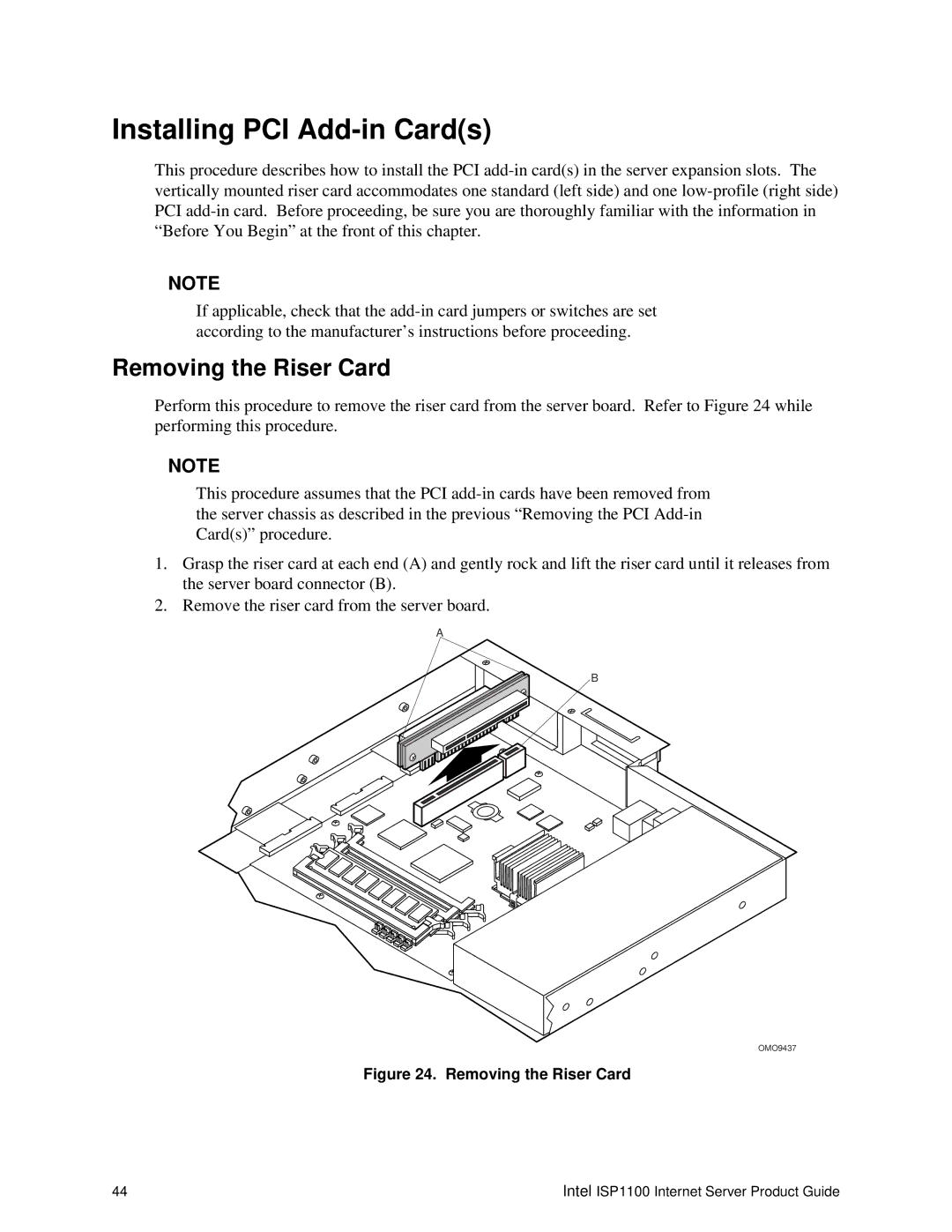 Intel ISP1100 manual Installing PCI Add-in Cards, Removing the Riser Card 