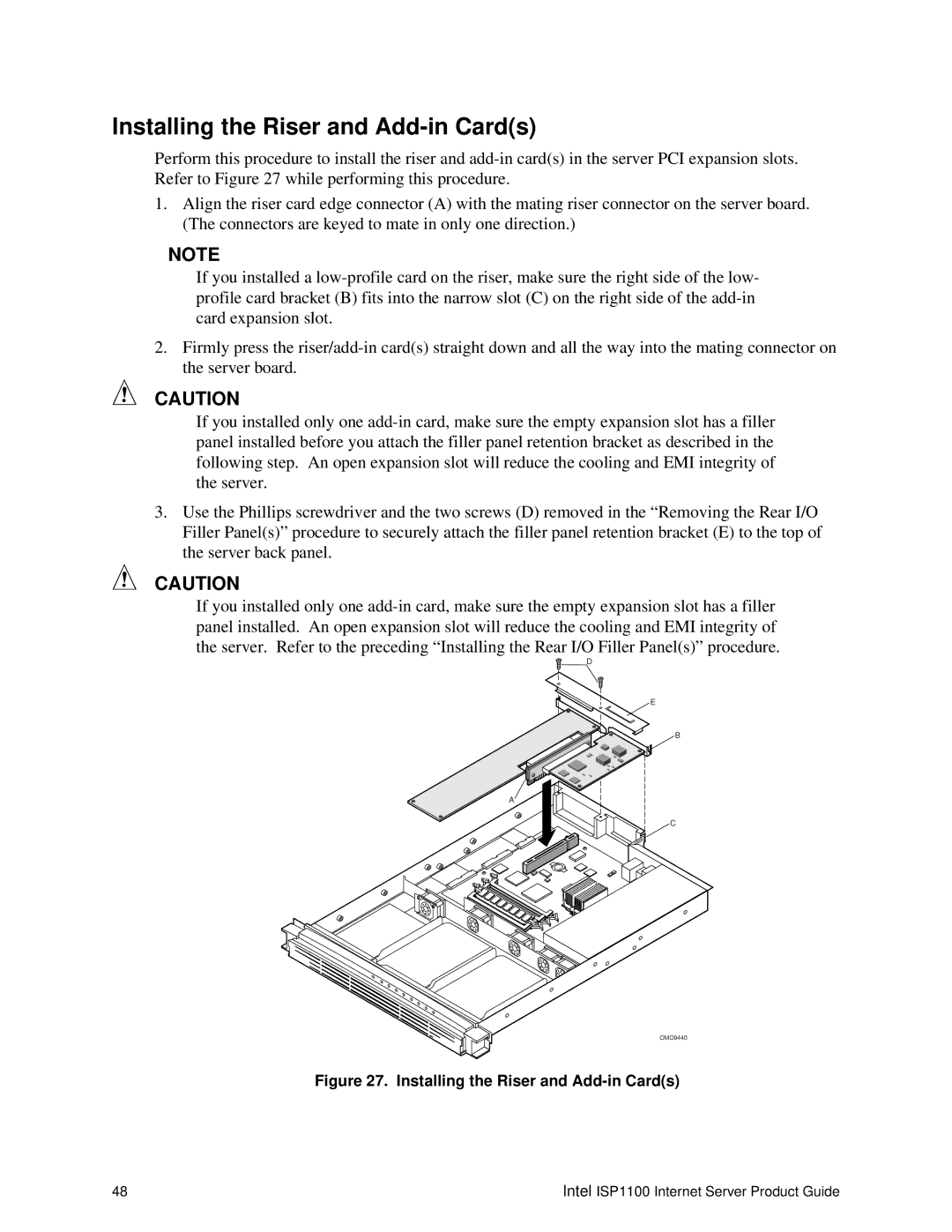 Intel ISP1100 manual Installing the Riser and Add-in Cards 