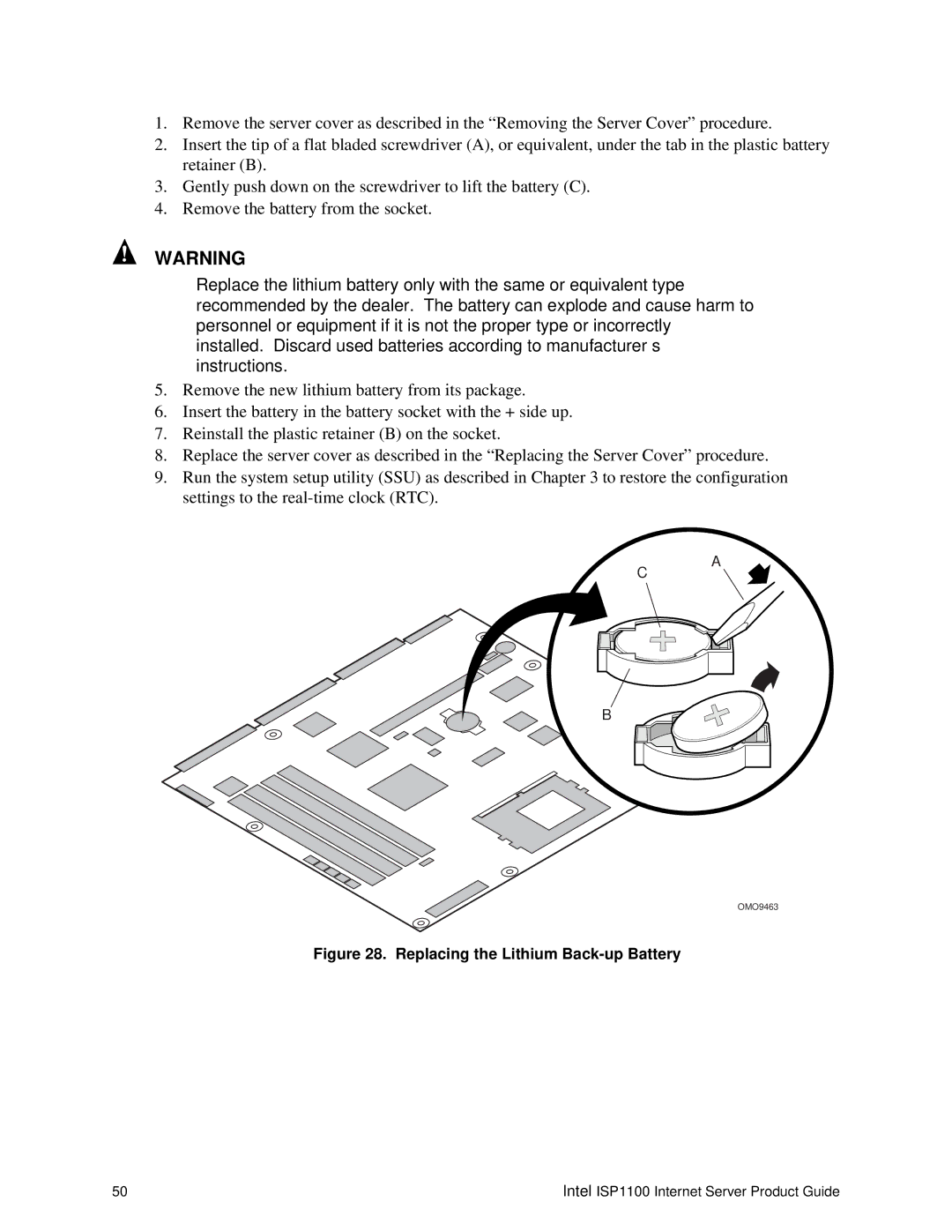 Intel ISP1100 manual Replacing the Lithium Back-up Battery 