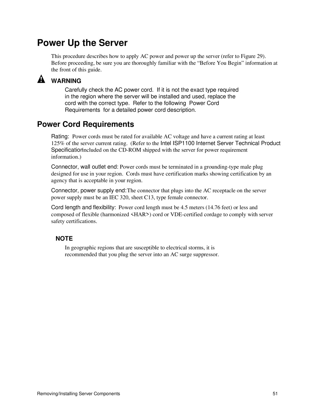 Intel ISP1100 manual Power Up the Server, Power Cord Requirements 