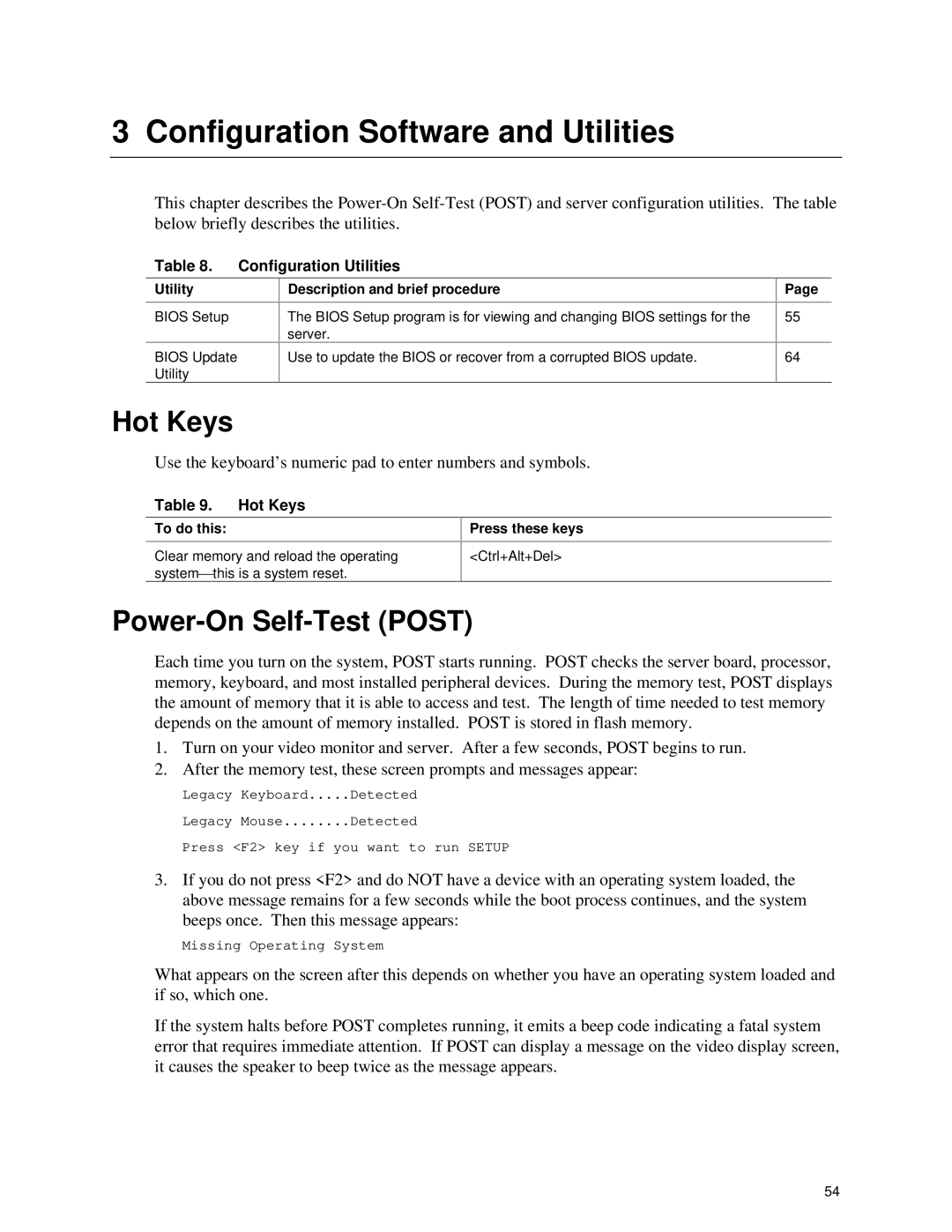 Intel ISP1100 manual Hot Keys, Power-On Self-Test Post, Configuration Utilities 