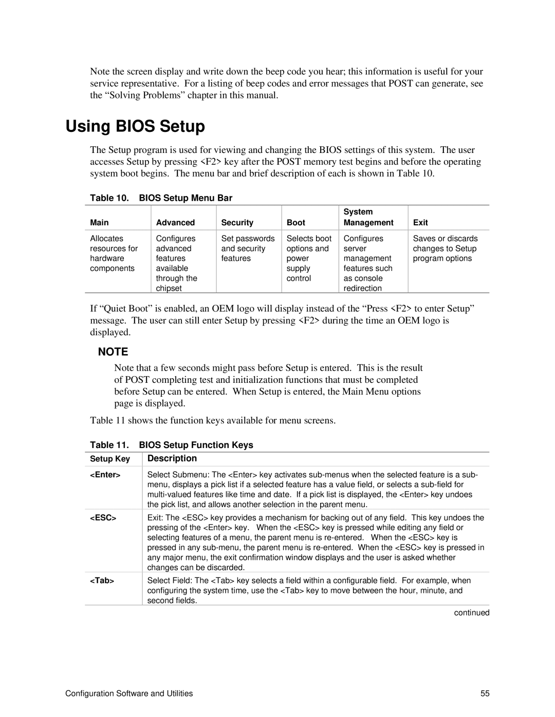 Intel ISP1100 manual Using Bios Setup, Bios Setup Menu Bar, Bios Setup Function Keys, Description 