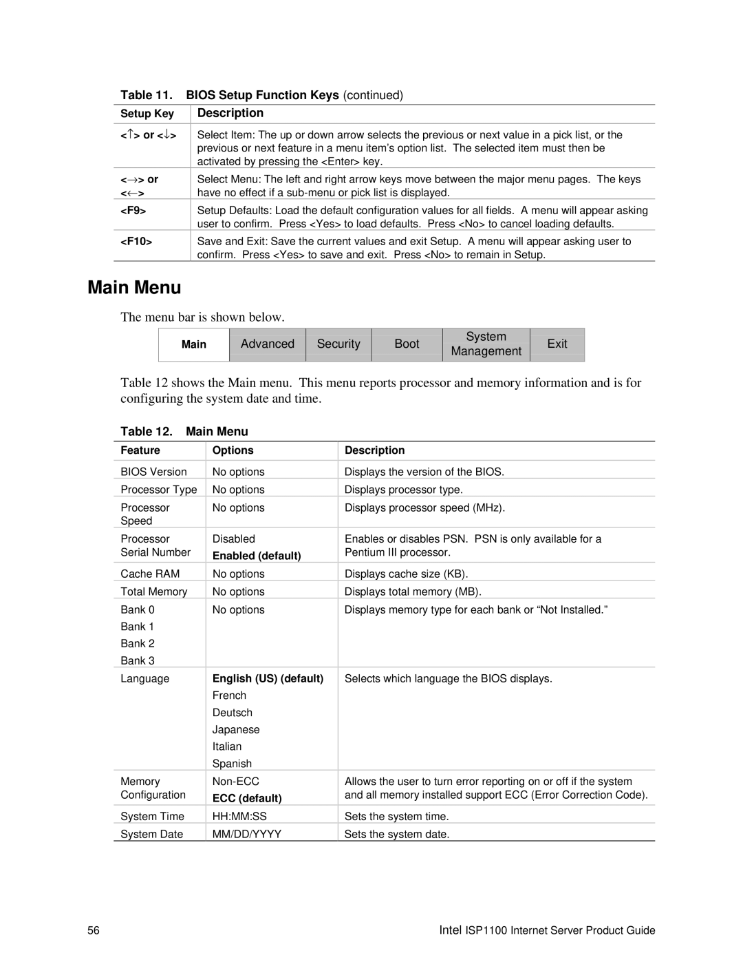 Intel ISP1100 manual Main Menu, Advanced 