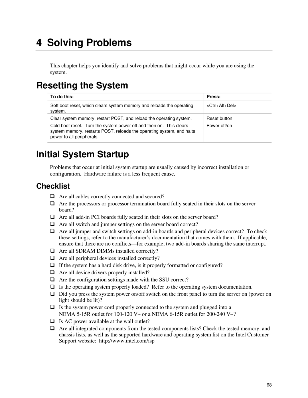 Intel ISP1100 manual Resetting the System, Initial System Startup, Checklist, Press 