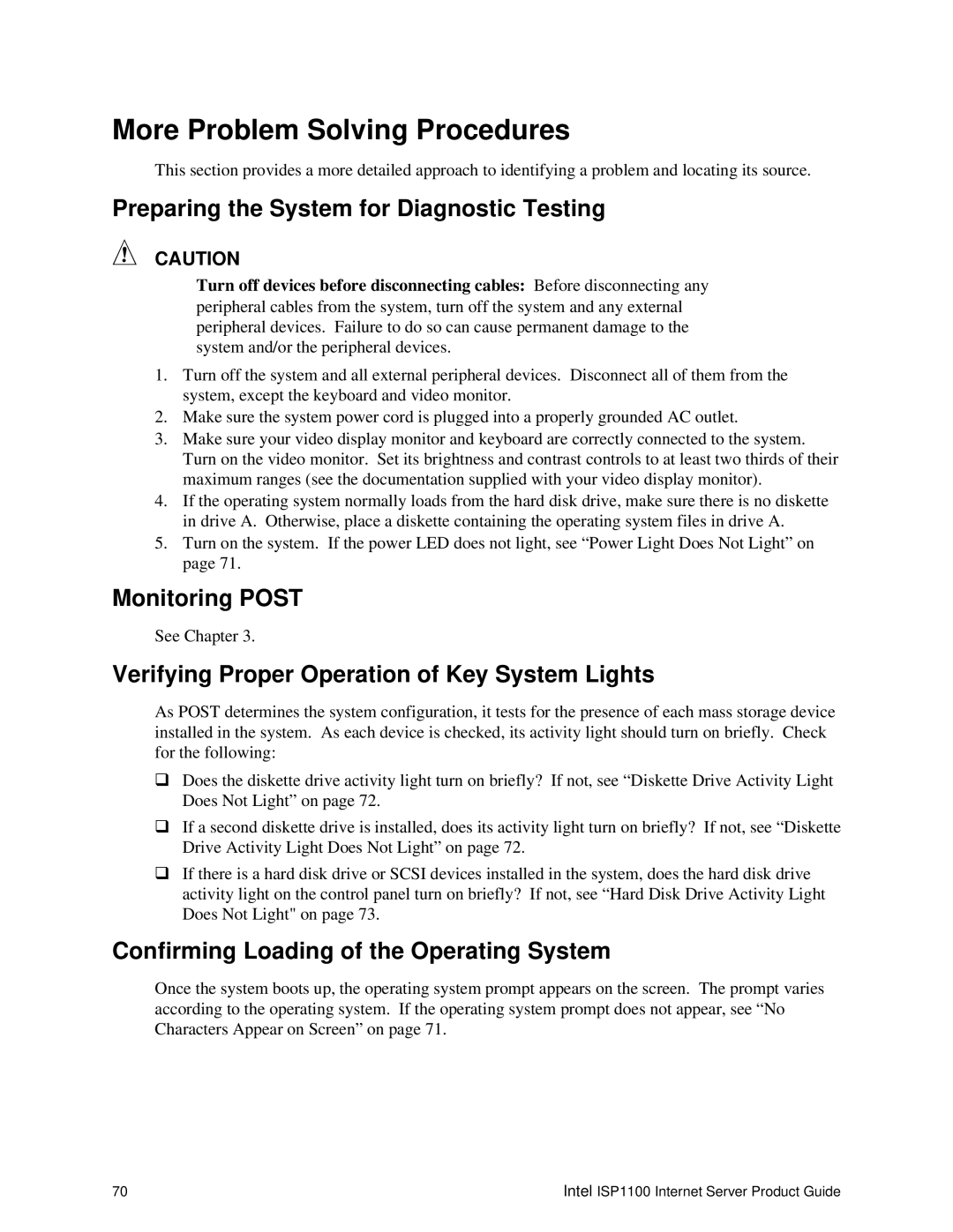 Intel ISP1100 manual More Problem Solving Procedures, Preparing the System for Diagnostic Testing, Monitoring Post 