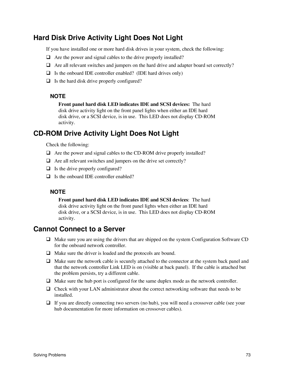 Intel ISP1100 manual Hard Disk Drive Activity Light Does Not Light, CD-ROM Drive Activity Light Does Not Light 