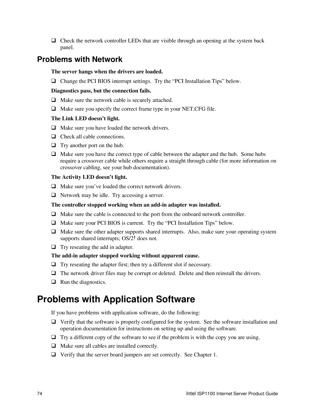 Intel ISP1100 manual Problems with Application Software, Problems with Network 