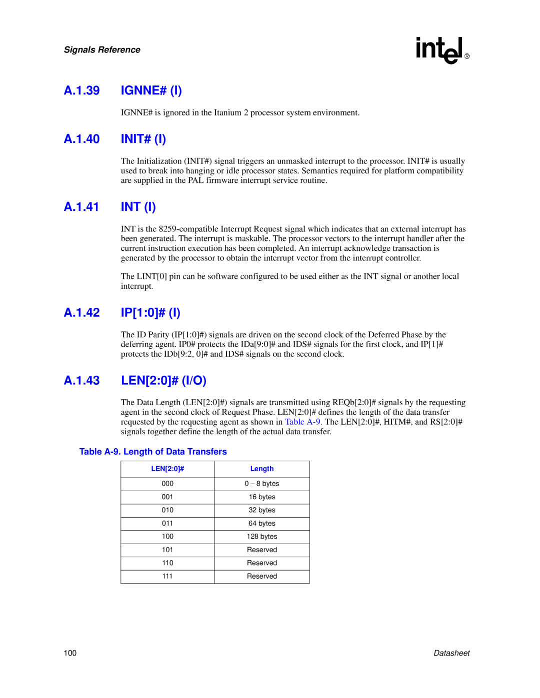 Intel Itanium 2 Processor manual IP10#, LEN20# I/O, Table A-9. Length of Data Transfers 