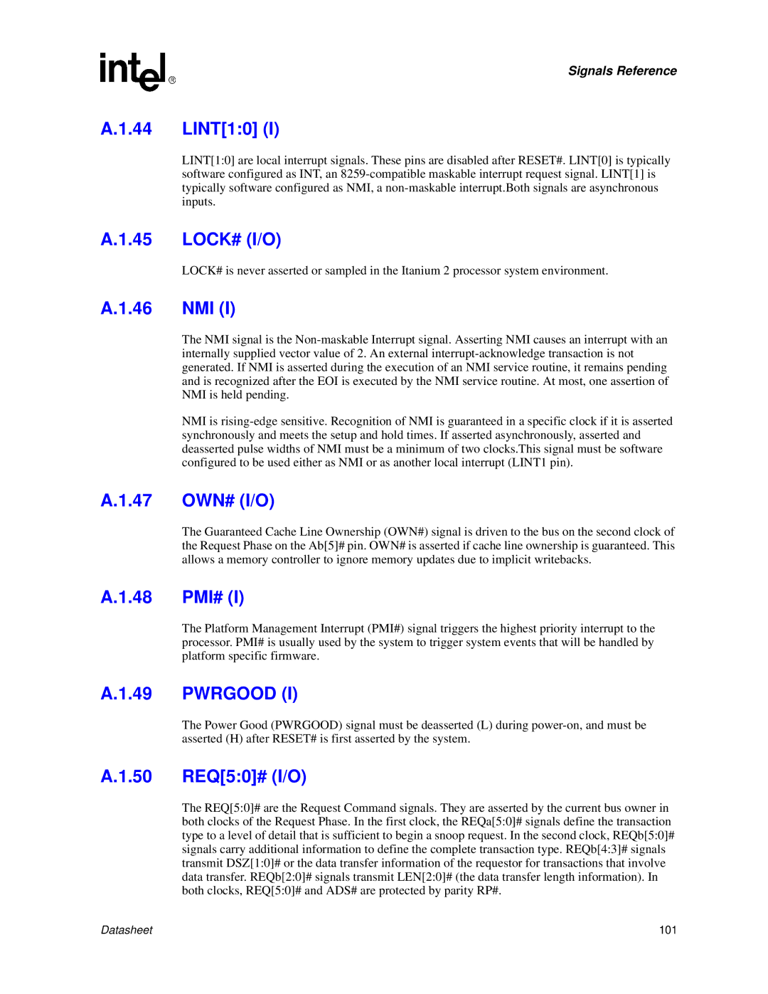Intel Itanium 2 Processor manual LINT10, Own# I/O, Pmi#, REQ50# I/O 