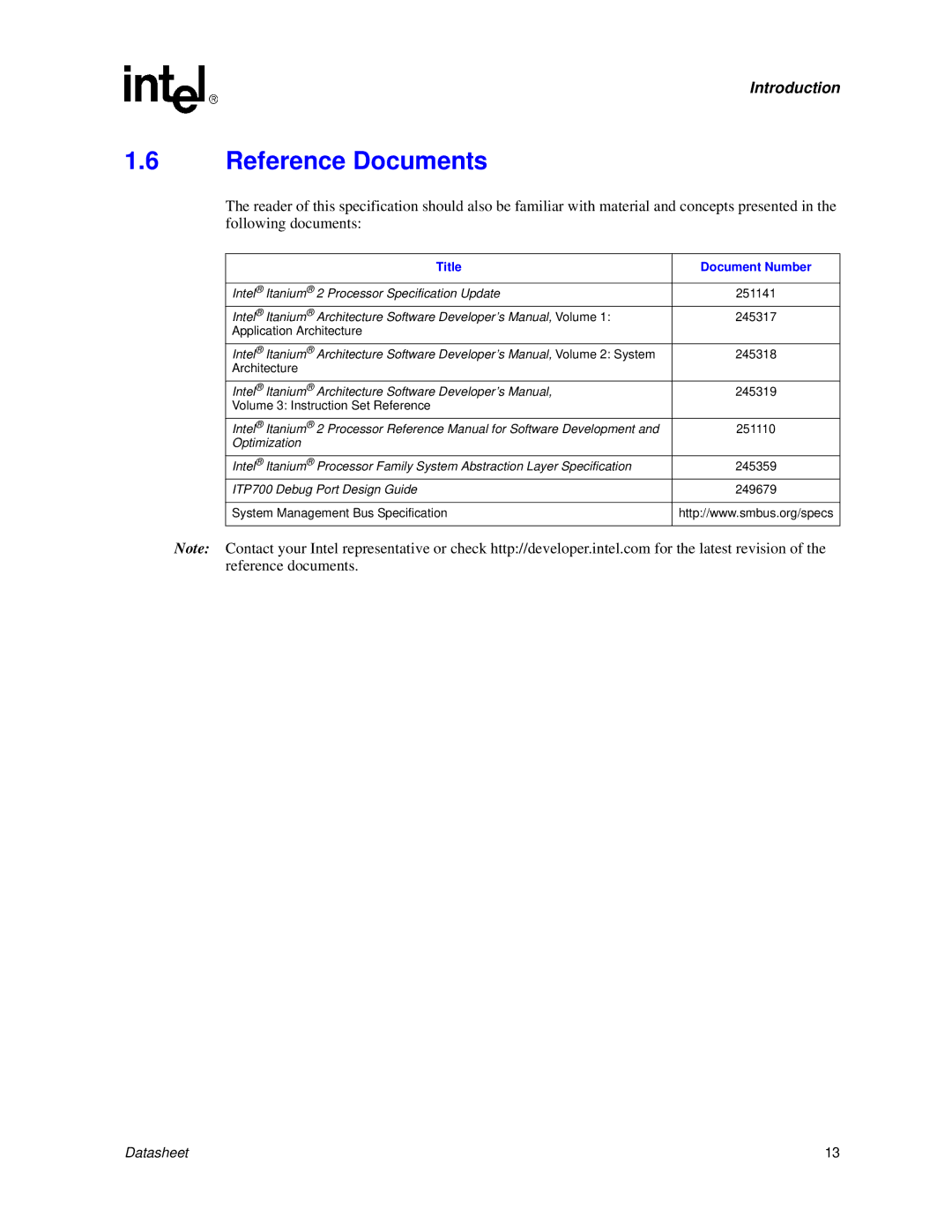 Intel Itanium 2 Processor manual Reference Documents, Title Document Number 