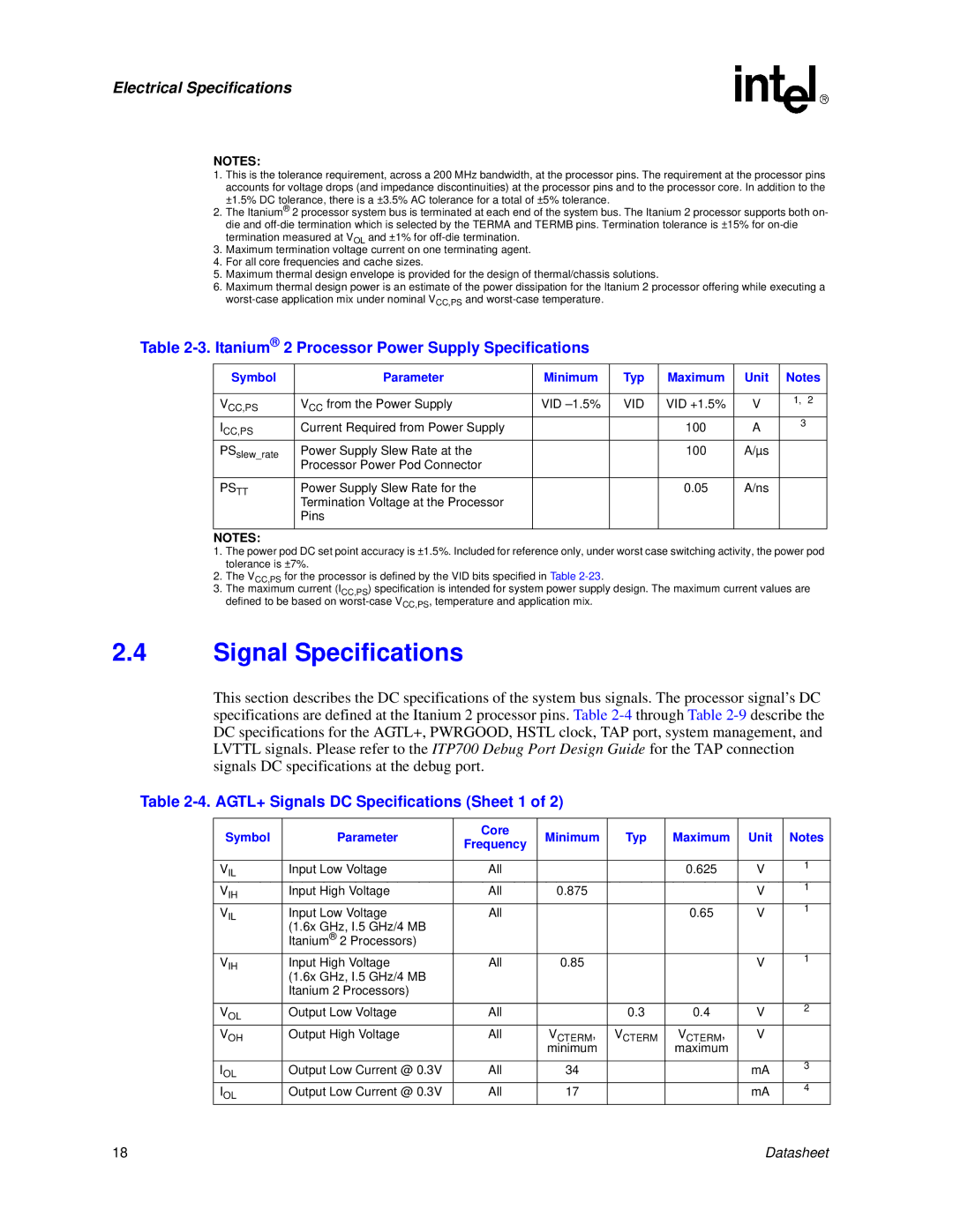 Intel Signal Specifications, Itanium 2 Processor Power Supply Specifications, AGTL+ Signals DC Specifications Sheet 1 