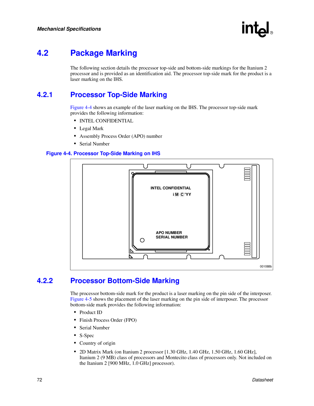 Intel Itanium 2 Processor manual Package Marking, Processor Top-Side Marking, Processor Bottom-Side Marking 