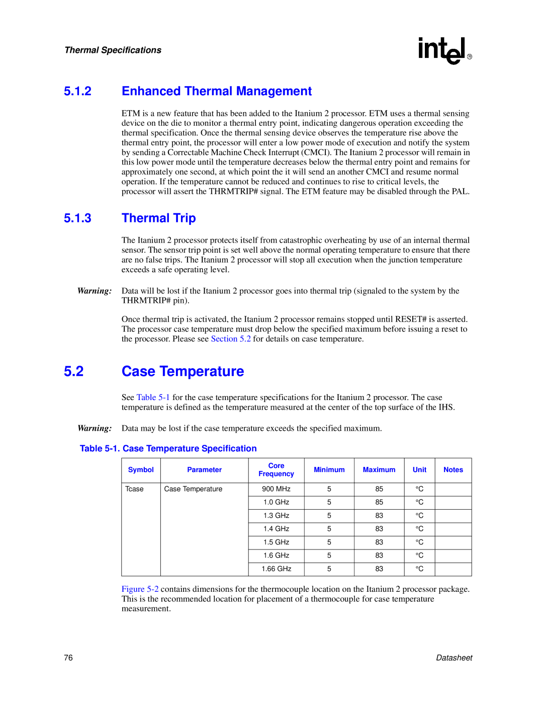 Intel Itanium 2 Processor manual Enhanced Thermal Management, Thermal Trip, Case Temperature Specification 