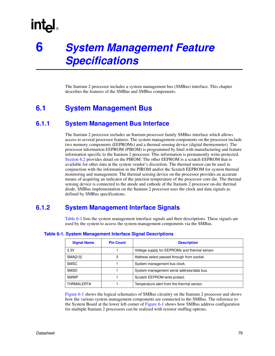 Intel Itanium 2 Processor manual System Management Bus Interface, System Management Interface Signals 