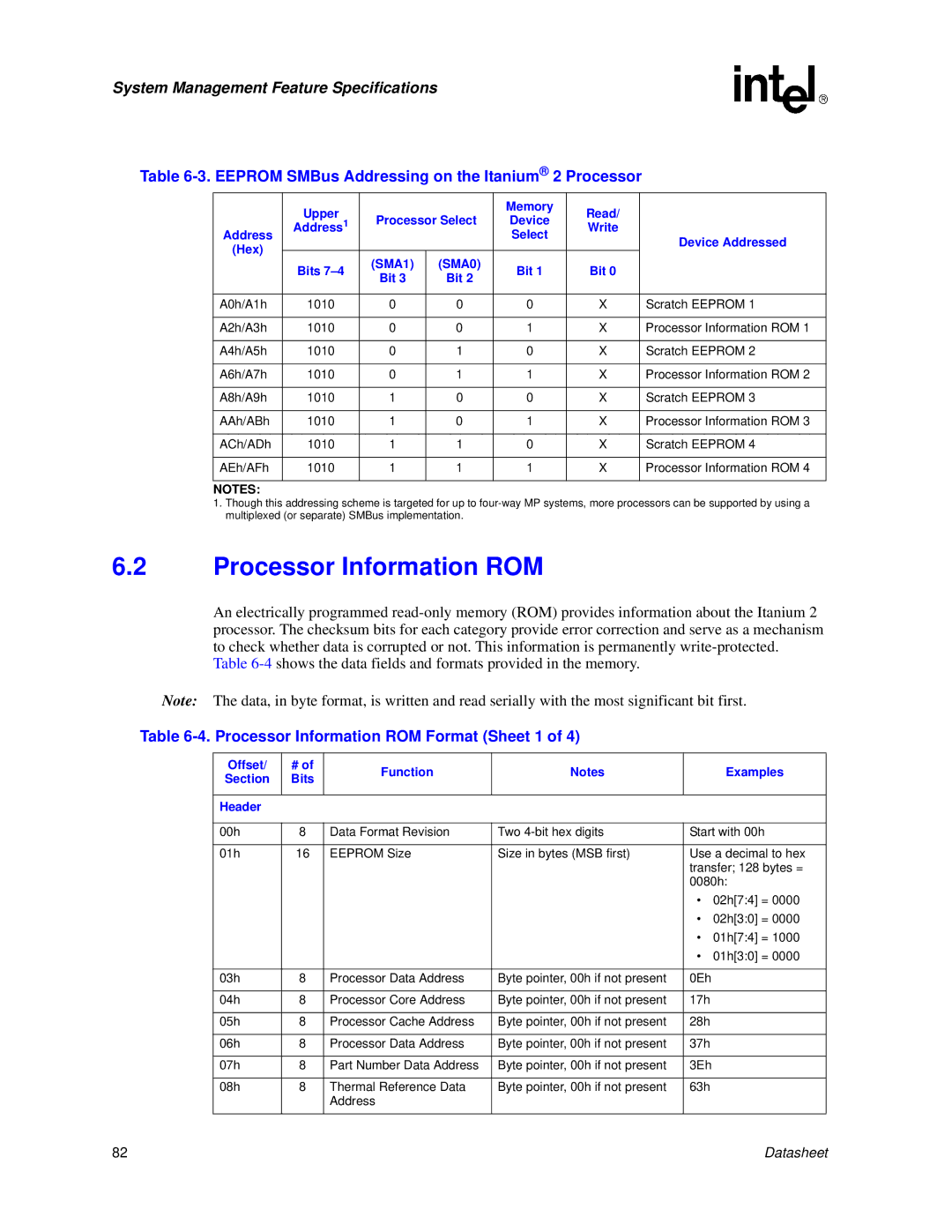 Intel manual Processor Information ROM, Eeprom SMBus Addressing on the Itanium 2 Processor 