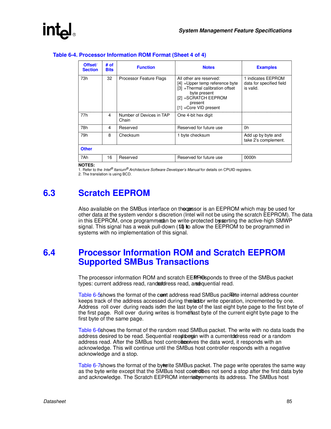 Intel Itanium 2 Processor manual Scratch Eeprom, Processor Information ROM Format Sheet 4, Other 