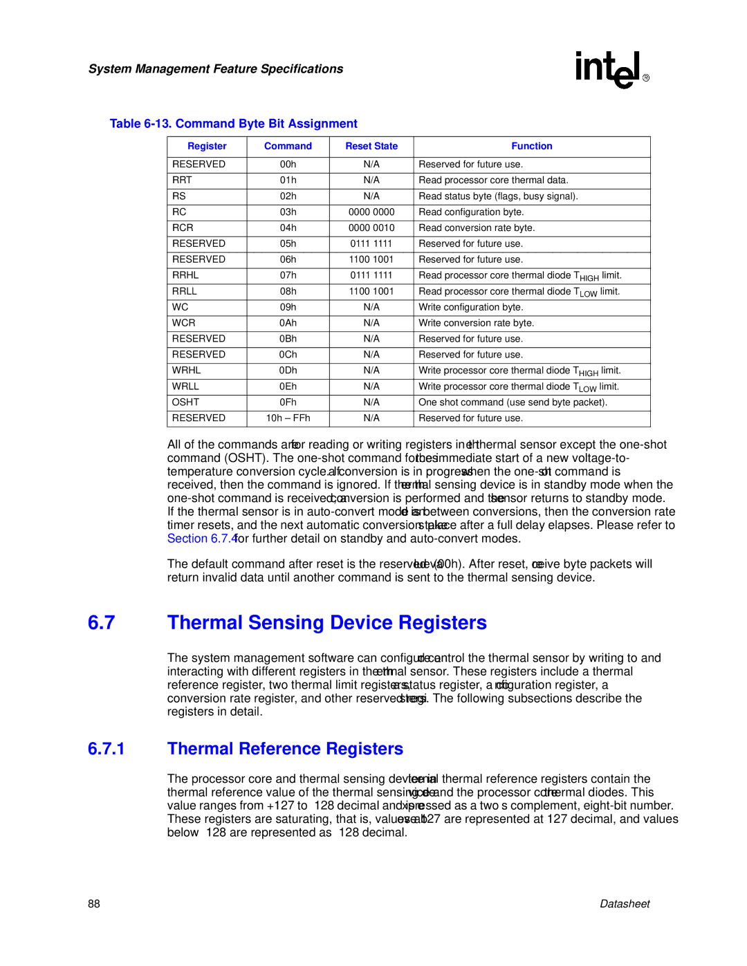 Intel Itanium 2 Processor manual Thermal Sensing Device Registers, Thermal Reference Registers, Command Byte Bit Assignment 